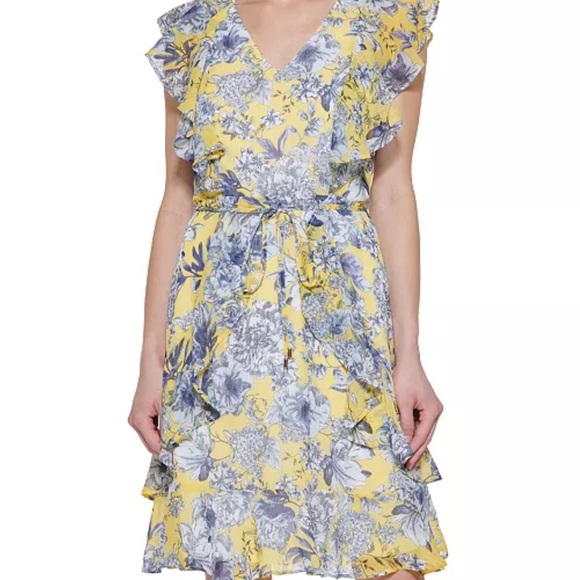 Tommy Hilfiger Flutter-Sleeve Chiffon fit & flare dress Floral Yellow Dress Sz 4 - Picture 1 of 6